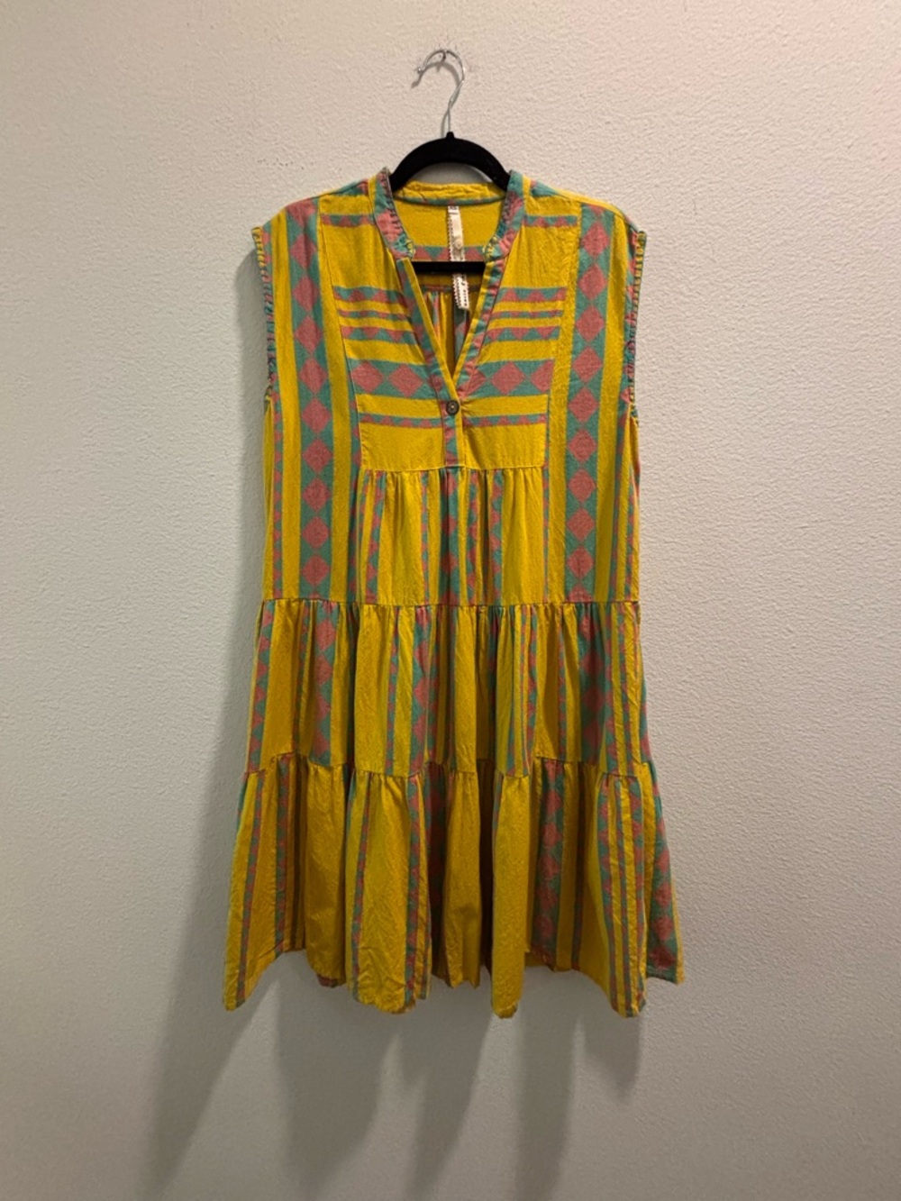 Uncle Frank Sleeveless Yellow Tiered Dress with Geometric Trim, Size XS